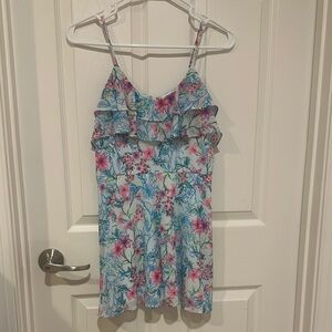 Candie's Pink and Blue Floral Jumpsuit with Ruffle Detail